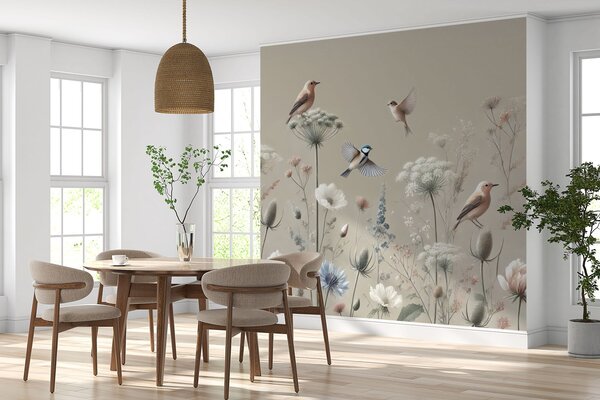 Carta da parati Delicati fiori di campo con uccelli su sfondo beige, Carta da parati Acquerello, w01958 : Uwalls.it