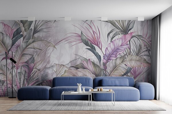 Carta da parati Giungla tropicale con grandi foglie verdi e fiori di protea rosa con sfondo sfocato e, Carta da parati Natura, w08375v1 : Uwalls.it