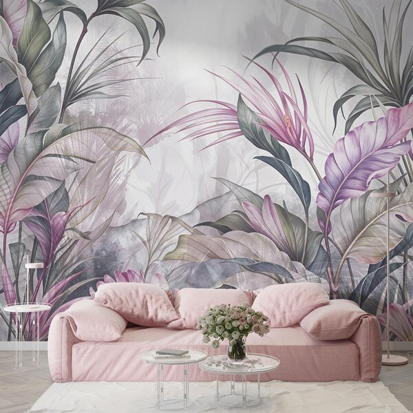 Carta da parati Giungla tropicale con grandi foglie verdi e fiori di protea rosa con sfondo sfocato e, Carta da parati Natura, w08375v1 : Uwalls.it