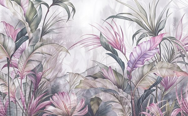 Carta da parati Giungla tropicale con grandi foglie verdi e fiori di protea rosa con sfondo sfocato e, Carta da parati Natura, w08375v1 : Uwalls.it