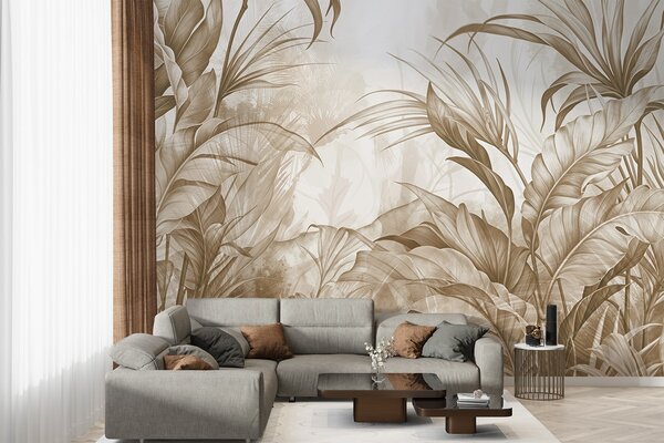 Carta da parati Giungla tropicale con grandi fiori di protea marrone e beige con sfondo sfocato e, Carta da parati Natura, w08375v2 : Uwalls.it