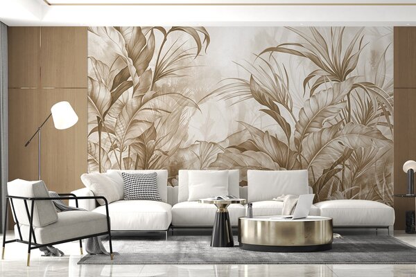 Carta da parati Giungla tropicale con grandi fiori di protea marrone e beige con sfondo sfocato e, Carta da parati Natura, w08375v2 : Uwalls.it