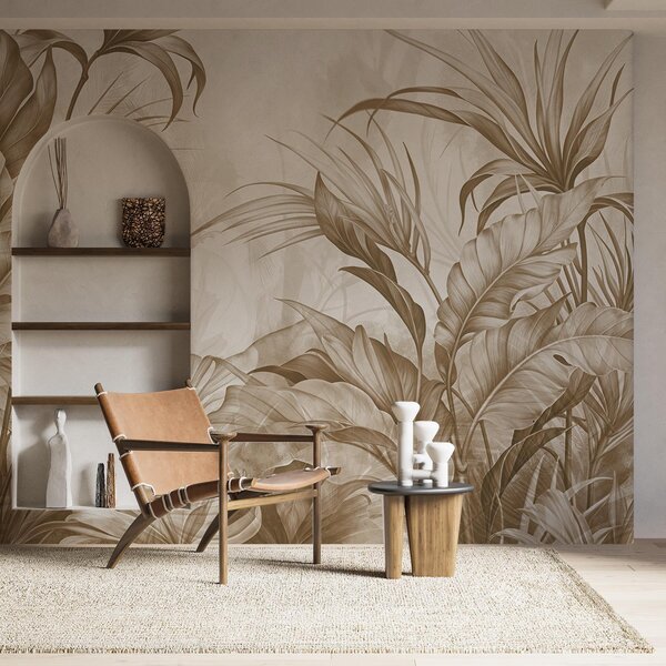 Carta da parati Giungla tropicale con grandi fiori di protea marrone e beige con sfondo sfocato e, Carta da parati Natura, w08375v2 : Uwalls.it