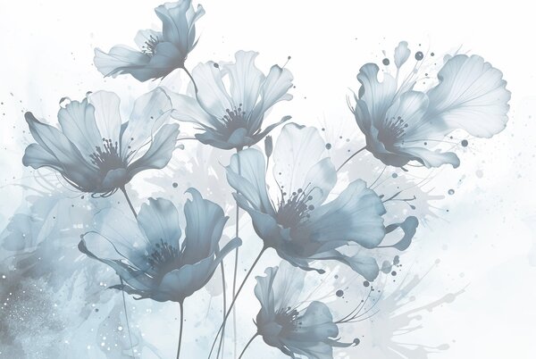 Carta da parati Delicati fiori blu con petali morbidi e sfocati e schizzi di acquerello su uno sfondo, Carta da parati Acquerello, w08376 : Uwalls.it