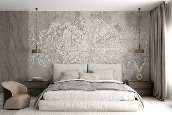 Carta da parati Disegno ornamentale bianco su superficie grigia, Carta da parati La stanza dell'adolescente, Carta da parati popolare, w08387 - Tapeko.it