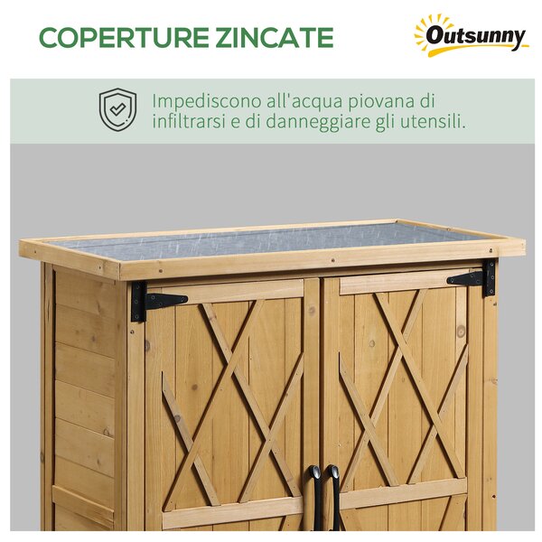 Outsunny Armadio da Giardino Porta Attrezzi in Legno con 2 Ante e 4 Scaffali, Casetta da Giardino con Piano in Lamiera, Giallo | Aosom Italy