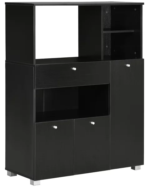 HOMCOM Credenza da Cucina in Legno per Microonde con Armadietti, Mensole e Cassetto, 90x40x120 cm, Nero
