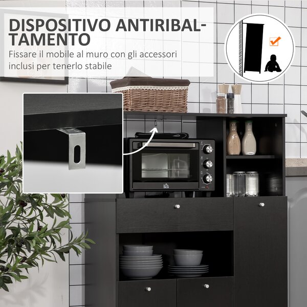HOMCOM Credenza da Cucina in Legno per Microonde con Armadietti, Mensole e Cassetto, 90x40x120 cm, Nero