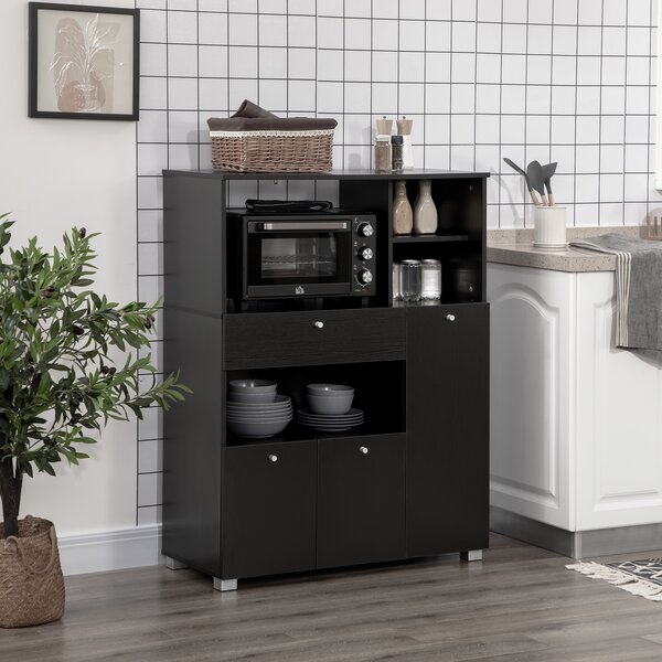 HOMCOM Credenza da Cucina in Legno per Microonde con Armadietti, Mensole e Cassetto, 90x40x120 cm, Nero