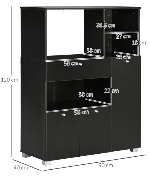HOMCOM Credenza da Cucina in Legno per Microonde con Armadietti, Mensole e Cassetto, 90x40x120 cm, Nero