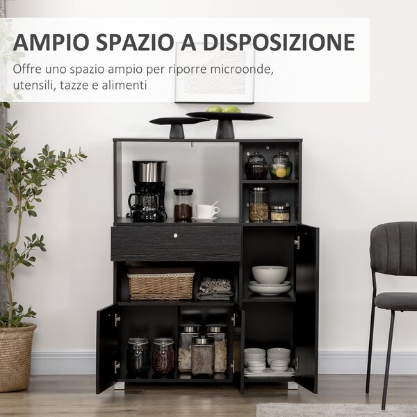 HOMCOM Credenza da Cucina in Legno per Microonde con Armadietti, Mensole e Cassetto, 90x40x120 cm, Nero