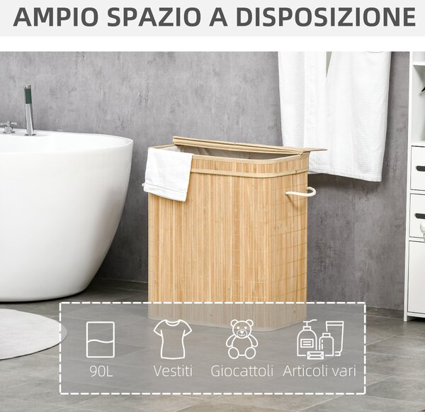 HOMCOM Cesto Portabiancheria da 90L Pieghevole con 2 Scomparti, Coperchio e Manici in Bambù