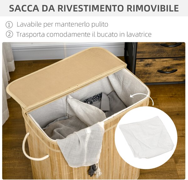 HOMCOM Cesto Portabiancheria da 90L Pieghevole con 2 Scomparti, Coperchio e Manici in Bambù