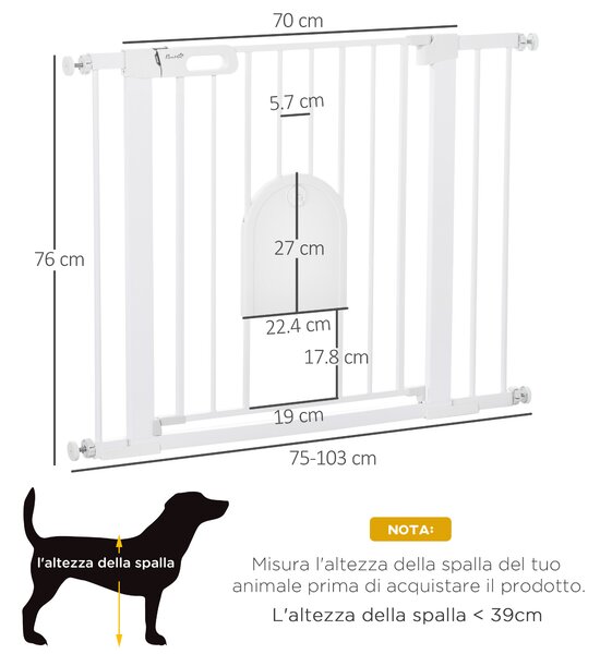 PawHut Cancellino per Cani Regolabile con Porta Piccola e Chiusura Automatica, 75-103x76cm, Bianco