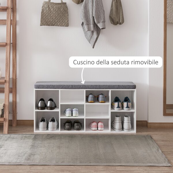 HOMCOM Panca Scarpiera Salvaspazio con Ripiani Regolabili in Legno con Cuscino Imbottito per 10 Paia di Scarpe, Bianco e Grigio, 104x30x48cm | Aosom