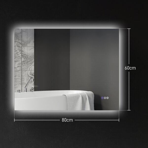 HOMCOM Specchio da Bagno Anticondensa con Luminosità e Colore Regolabili, Valutazione CRI90+, in Vetro e Lega di Alluminio, 80x60x4 cm | Aosom Italy