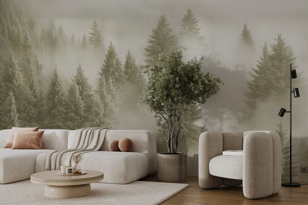 Carta da parati Nebbia fitta che avvolge una foresta innevata mattutina in morbide tonalità verdi, Carta da parati Natura, w02064v2 : Uwalls.it
