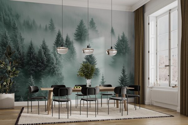 Carta da parati Nebbia fitta che avvolge una foresta innevata al mattino con sfumature di verde, Carta da parati Foresta, w02064v1 : Uwalls.it