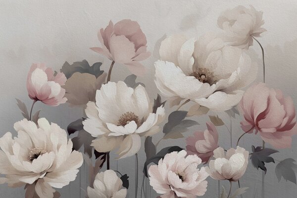 Carta da parati Pittura di fiori su una parete, Carta da parati Peonie, Carta da parati popolare, w02111 - Tapeko.it