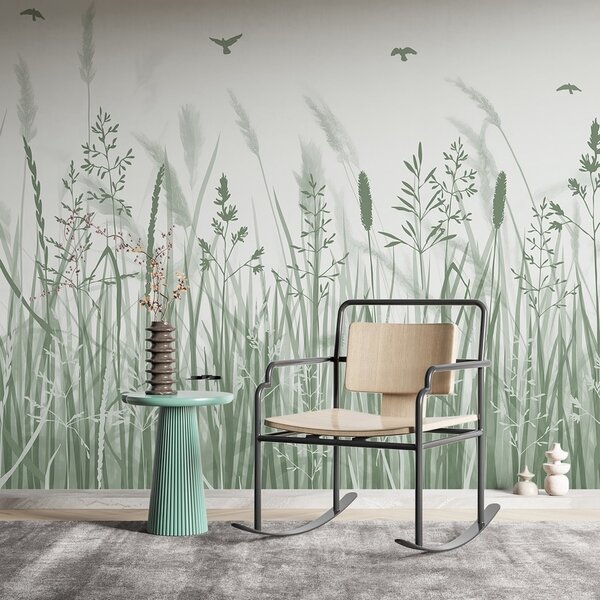 Carta da parati Campo d'erba con uccelli in volo, Carta da parati Natura, Carta da parati popolare, w02119v2 - Tapeko.it