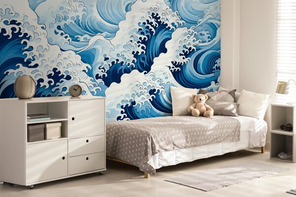 Carta da parati Motivo a onde blu e bianche, Carta da parati Mare, Carta da parati popolare, w02187 - Tapeko.it