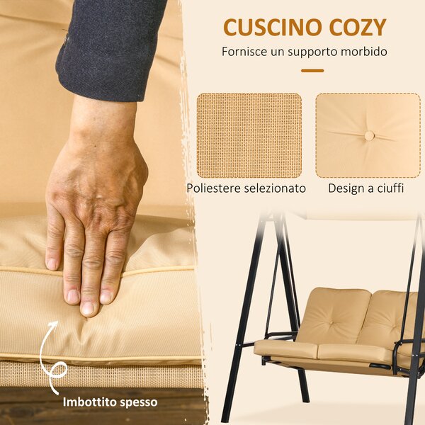 Outsunny Dondolo Giardino 2 Posti in Acciaio e Teslin con Tettuccio Regolabile e Cuscini, Dondolo da Esterno Anti-Raggi UV, Beige | Aosom Italy