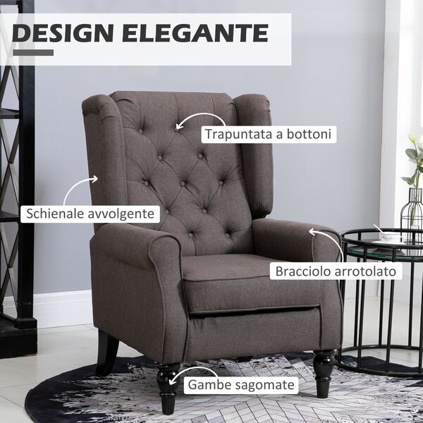 HOMCOM Poltrona per Salotto Francese con Seduta Imbottita e Cuscini, in Poliestere, per salotto, camera e ufficio, 74x86x102 cm, Marrone | Aosom Italy