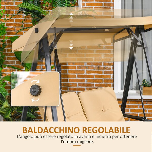 Outsunny Dondolo Giardino 2 Posti in Acciaio e Teslin con Tettuccio Regolabile e Cuscini, Dondolo da Esterno Anti-Raggi UV, Beige | Aosom Italy