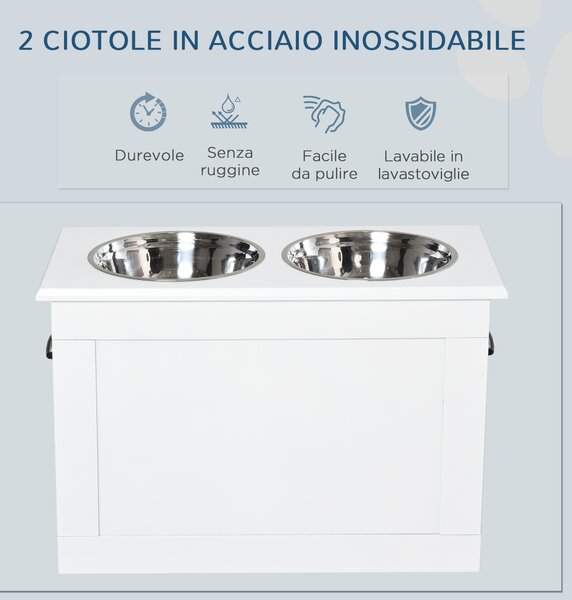 PawHut Ciotole Rialzate per Cani Grandi, Supporto in MDF con 2 Ciotole in Acciaio Inox, 60x30x41 cm, Bianco