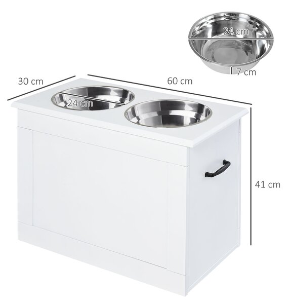 PawHut Ciotole Rialzate per Cani Grandi, Supporto in MDF con 2 Ciotole in Acciaio Inox, 60x30x41 cm, Bianco