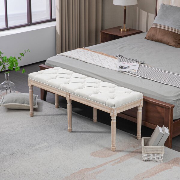 HOMCOM Panca Fondoletto Imbottita Stile Vintage in Tessuto e Gambe in Legno, 117x40x48 cm, Crema
