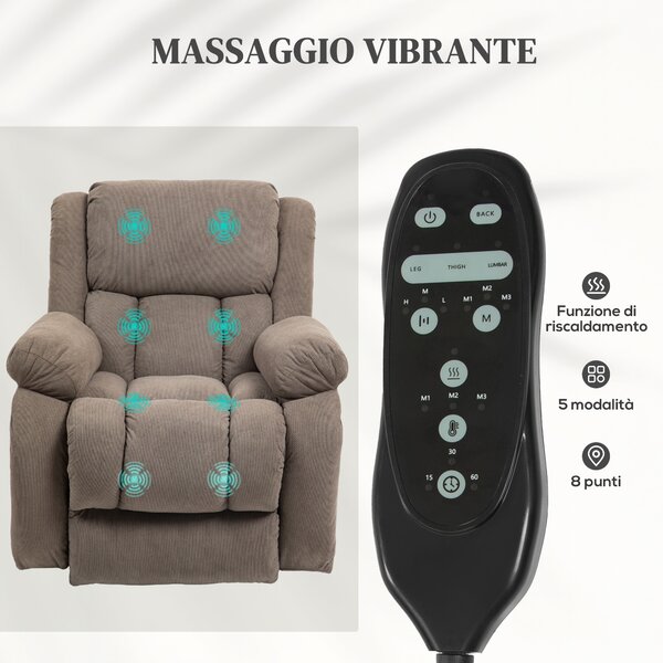 HOMCOM Poltrona Moderno Imbottita Alzapersona con 2 Tasche e Telecomando, poggiapiedi e riscaldamento, 93x104x105 cm, Marrone | Aosom Italy
