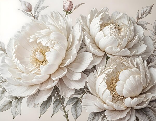 Carta da parati Delicate peonie bianche pastello con fogliame rigoglioso, Carta da parati Floreale, Carta da parati Fiori grandi, w08420 : Uwalls.it