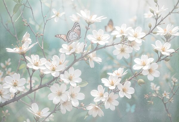 Carta da parati Una farfalla bianca su un ramo con delicati fiori di ciliegio, Carta da parati Animali, Carta da parati Farfalle, w08421 : Uwalls.it