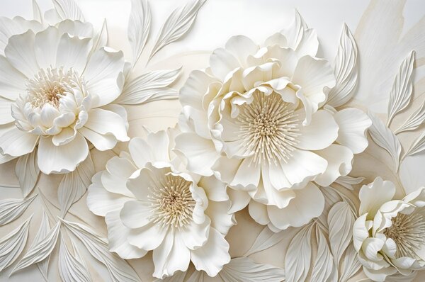 Carta da parati Elegante e voluminosa imitazione di fiori di peonia bianchi con petali morbidi e centri, Carta da parati Floreale, w08431 : Uwalls.it