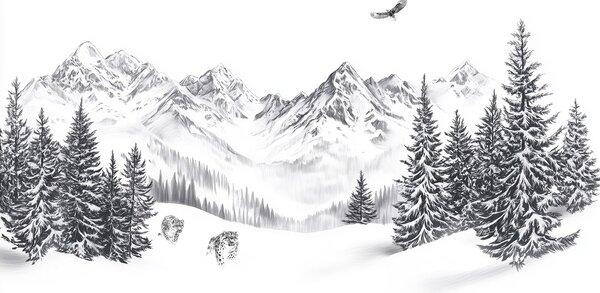 Carta da parati Paesaggio montano innevato con alberi e un uccello che vola sopra di esso, Carta da parati Montagne, Carta da parati popolare, w02360 - Tapeko.it