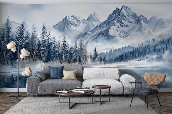 Carta da parati Alpi innevate, foresta invernale, lago ghiacciato, tavolozza di colori blu , Carta da parati Natura, w02358 : Uwalls.it