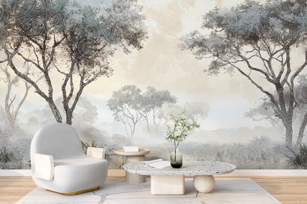 Carta da parati Un paesaggio nebbioso e sereno con alberi in primo piano e una nebbia soffice nei toni, Carta da parati Natura, w08442v1 : Uwalls.it