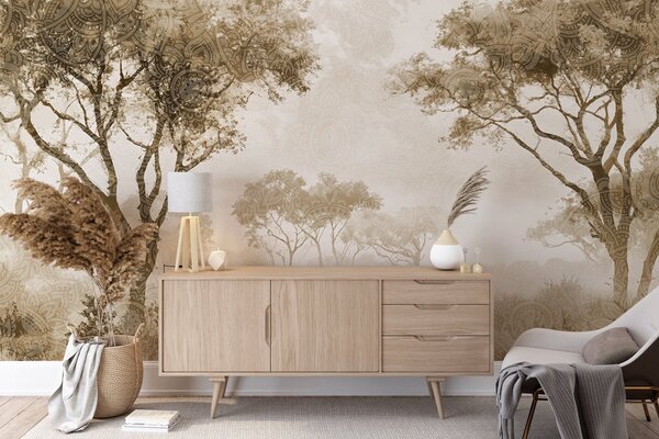Carta da parati Un paesaggio nebbioso e sereno con alberi in primo piano e una nebbia soffice nei toni, Carta da parati Natura, w08442v2 : Uwalls.it