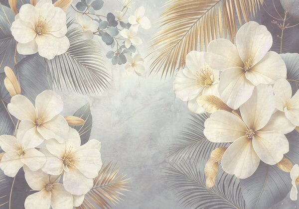 Carta da parati Un motivo floreale tropicale con grandi fiori di ibisco bianchi e gialli, foglie di palma, Carta da parati Natura, w08445 : Uwalls.it