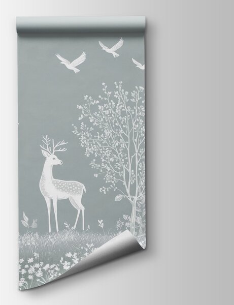 Carta da parati Cervo bianco e uccelli in una foresta, Carta da parati Natura, Carta da parati popolare, w02444v2 - Tapeko.it