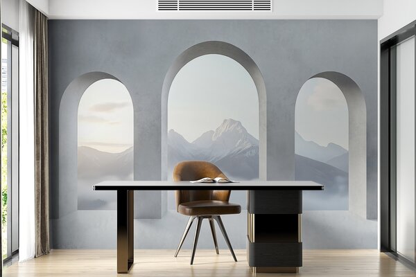 Carta da parati Camera bianca con finestre ad arco e montagne sullo sfondo, Carta da parati Finestre, Carta da parati popolare, w02510 - Tapeko.it