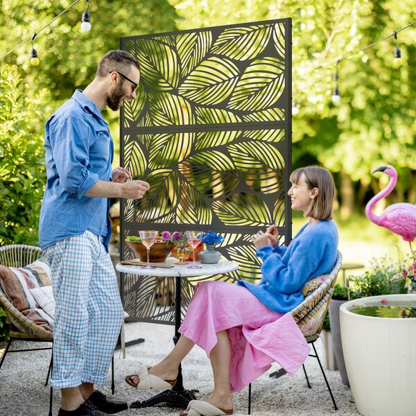 Outsunny Paravento da Esterno Decorativo in Acciaio Traforato con Design a Foglie, 122x198cm, Nero|Aosom
