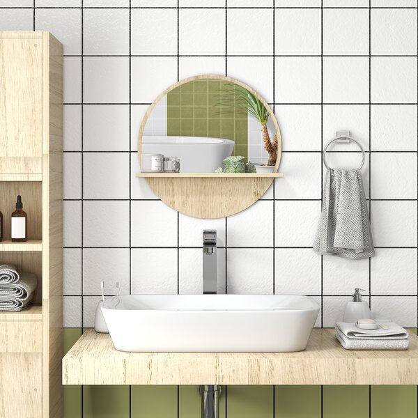 Kleankin Specchio Bagno Rotondo in Truciolato e Vetro con Ripiano Portaoggetti e 2 Ganci Posteriori, Ø45x10 cm|Aosom