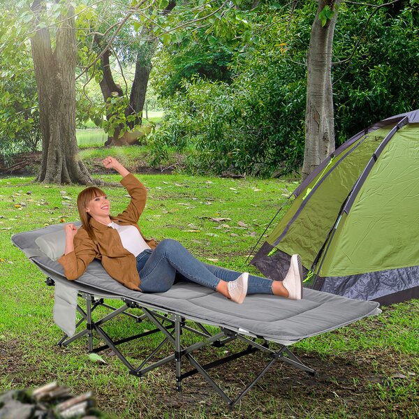 Outsunny Lettino da Campeggio Pieghevole e Imbottito con Tasca Portaoggetti, 188x64.5x53 cm, Grigio chiaro|Aosom