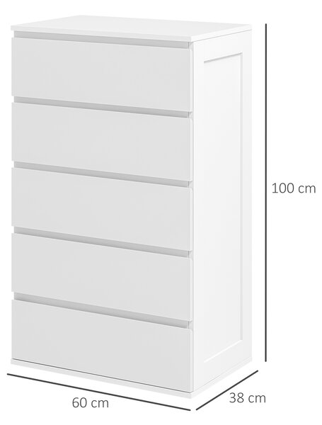 HOMCOM Cassettiera 5 Cassetti in Legno con Maniglie Scanalate, 60x38x100cm, Bianco