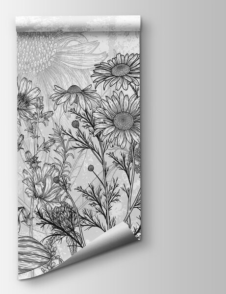 Carta da parati Immagine in bianco e nero di fiori, Carta da parati Natura, Carta da parati popolare, w02523 - Tapeko.it