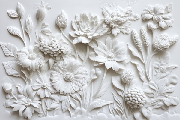 Carta da parati Scultura di fiori bianchi su una superficie bianca, Carta da parati Natura, Carta da parati popolare, w02546 - Tapeko.it