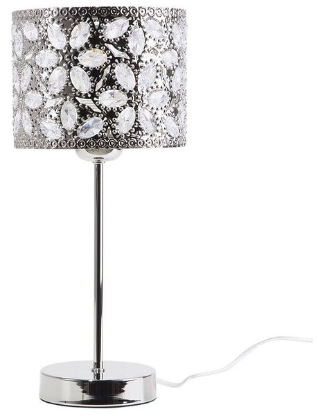 Lampada da Tavolo Metallo Argento 40H cm Cristallo Fantasia Floreale  Traforato Paralume Tamburo Glam Beliani