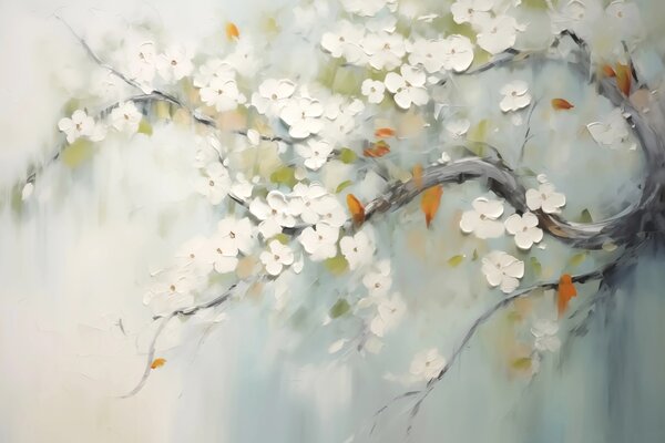 Carta da parati Ramo con fiori bianchi a imitazione di pennellate di pittura, Carta da parati Natura, w02589 : Uwalls.it